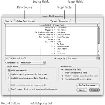 Use this dialog box to tell FileMaker what data to import and where to put it. In the top-left corner of the window, FileMaker tells you where this data is coming from (in this case, a file called Holiday Cards List.txt). To the right, you see where the data’s going (the Customers table).