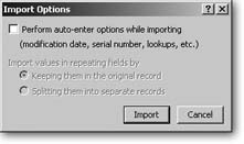 If you have any auto-enter fields, or you’re importing repeating fields, you see this window after clicking Import. Turn off “Perform auto-enter options while importing” if you don’t want FileMaker to auto-enter data in your records as they’re created. When importing repeating fields, you usually want to choose “Keeping them in the original record.” If you don’t, FileMaker makes a new record for each repetition that has data in it.