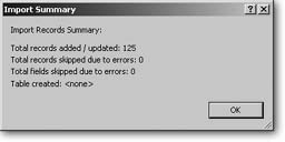 This window appears after FileMaker completes the import operation. It tells you important information about your import, including how many records were imported. Sometimes problems can occur during import (for instance, some data in the import file might violate your field validation settings). When this happens, FileMaker may skip certain fields or whole records. This window also tells you when that happens (although it doesn’t tell you which fields or records were skipped).