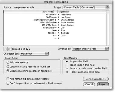 When you turn on “Update matching records in found set,” FileMaker lets you use a new symbol between source and target fields. In this picture, the Email Address field has an “=” symbol beside it. This symbol tells FileMaker to match records based on email address. In other words, when it imports the first record, it finds a record in the found set with the same email address. FileMaker then updates that record’s data based on the import file. If FileMaker doesn’t find a match, it skips the import record. It’s safest to use a key field for import matching.