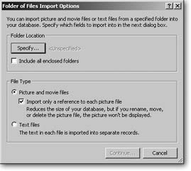 This window is what you see when you choose the import folder command. In the top part of the window, you get to choose which folder to import (click Specify). In the bottom half, you decide what kind of files you’re interested in.