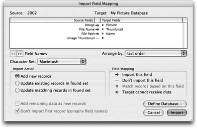 When you import a folder full of pictures, FileMaker practically reads your mind. It not only lets you dump the picture into a container field, but it also offers you the chance to put the file name and full path into text fields. Best of all, FileMaker can shrink the picture down to a thumbnail and put that into a container field too, which saves space by reducing size and resolution. The thumbnails appear even when the original images aren’t available (if a network drive is unavailable, for instance). And the thumbnail’s reduced in size and resolution, so it doesn’t take up much space.