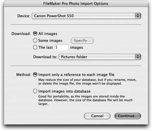 This dialog box appears when you import from a digital camera in Mac OS X. The device pop-up menu lets you pick which camera to import from (on the off chance you have several connected). You also get to decide which images to import, where to put them (more on these options in a moment), and whether or not you want to store just references to the pictures.