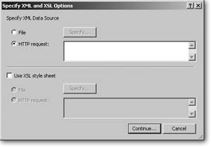 When you import from an XML Data Source, FileMaker first asks you where to get the data from, and how to process it. You can instruct FileMaker to look in any XML file on your computer, or to fetch the XML data from a Web server (see the box on Section 17.4.4.1).