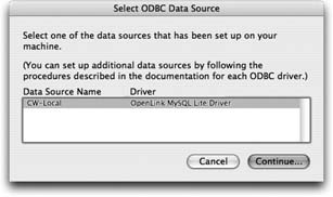 When you tell FileMaker you want to import from an ODBC data source, it first asks you which source to use. This window shows every data source you’ve defined in your ODBC system. You just highlight the one you want and click Continue.