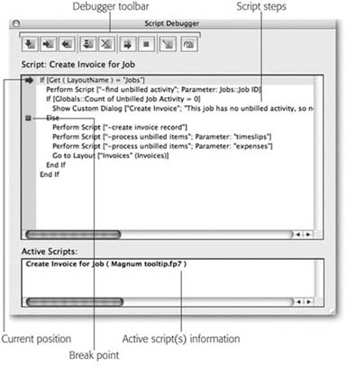 The Script Debugger window’s loaded with information about the current script. But even better, it gives you complete control over the script while it runs. You can run just one line of the script at a time, dig into subscripts or back out to the calling script, skip over some steps completely, back up and run some steps over again, or stop the script completely.