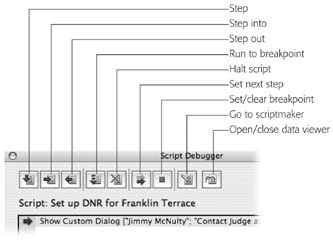 With this picture, you get up-close and personal with the toolbar in the Script Debugger window. Each of these buttons is explained in more detail throughout this chapter. If you’ve ever used a debugger in another development environment, then you probably feel right at home.