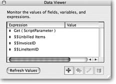 The Data Viewer has some standard buttons on its toolbar. The + sign lets you specify a new value to monitor, the double plus signs duplicate an existing one that you can edit, the pencil opens the dialog box for editing an expression, and the trash can lets you delete an expression from Data Viewer’s watch list.