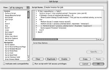 The last Perform Script step, which is highlighted, is disabled in this illustration. When a disabled script step is highlighted the Disable button reads “Enable.” You need FileMaker Advanced and script editing privileges to enable or disable a script step.