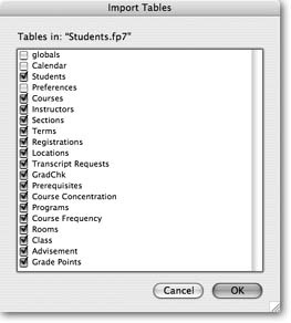 You see a simple list of all tables in the source file you’ve chosen. Click all the tables you want to import. You don’t get to specify which fields are imported — they all come in. So if there are a few you don’t need, delete them when the import’s finished.