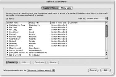 You can reorder the items in the Custom Menu list with the “View by” pop-up menu. You can also click each of the four column heads to sort the list. Probably this window’s most important item is the small pop-up menu at the bottom. You can do all the editing of custom menus you like, but unless you remember to switch to your custom set, you don’t see any change in your file.