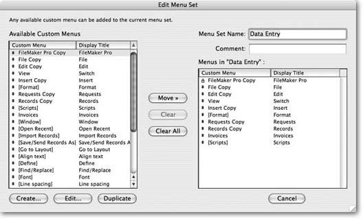 The field on the left lists the Custom Menus attached to the current set. Look in the list to see your edited View menu. The list on the right is a subset of the list on the left. Menus that aren’t in the right-hand list are not displayed when this custom menu set is active. The Move, Clear, and Clear All buttons are similar to the ones in the Sort dialog box.