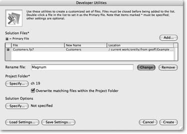 The Developer Utilities window (File → Developer Utilities) lets you gather the files you want to change, and then tell FileMaker what changes to make. When you’re done, you click Create, and FileMaker builds new versions of your files (in a new location) with all the changes in place.