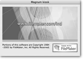 When you quit a runtime solution, this window pops up for a few seconds. You can’t get rid of the “Made with FileMaker” logo, but you can change the big FileMaker graphic to anything you want. Just turn on “Custom image” and pick a picture file from your hard drive. FileMaker stretches the picture to fit in the window, so to avoid distortion, you should create a picture that is exactly 382 pixels wide and 175 pixels high.