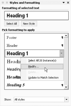 Word 2002’s Styles and Formatting task pane, which provides easy access to a style’s format settings