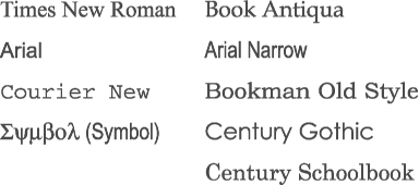 The Base 35 fonts: a superset of the Base 14 fonts (left column)