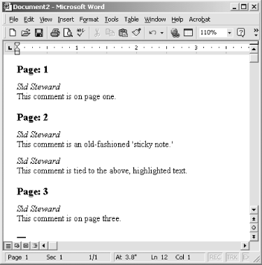 The PDF Comments in Word after extraction via SummarizeComments