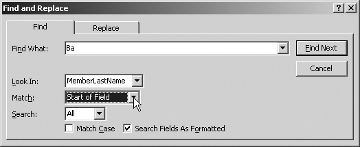 Note that the Find box lets you select a different field and match the Whole Field, Start of Field, or Any Part of Field. For this purpose, you would select Start of Field for the best result, since the last name starts with “Ba.”