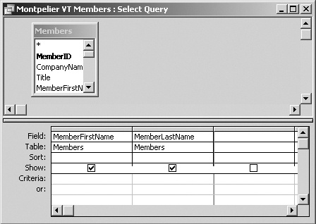 The Query Design window looks just like some Query Wizard screens. At its bottom, you can give Access a Query by Example by choosing fields, the tables for Access to take the field from, a sort order, and filtering criteria. You’ll also find a Show checkbox where you can tell Access whether to display each field.