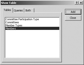 If you need to add additional tables (or even another query) as a data source for your query design, select the next table, and then click Add again, and continue until you have all your data sources chosen. To choose both tables and queries, select the Both tab, and then click Close when you’re ready to move to the Query Design window proper.