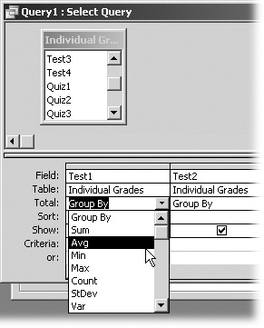 The Total → “Group by” field lets you perform a number of different common functions without the need for putting together an expression yourself or getting too complicated within the query design. For example, you can just choose Avg instead of typing out an expression that averages all students’ grades.