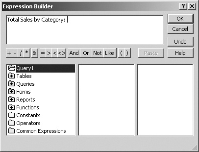 The more complicated your expression becomes and the less familiar you are with creating calculations, the more you should rely on this list-and-button approach that Expression Builder offers. This window lets you choose, rather than type, the elements to add to your expression, cutting down on typos.
