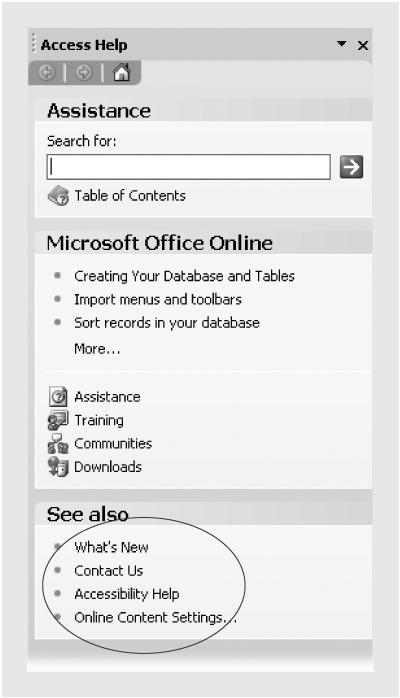 When you search help, Access displays a list of potentially helpful help screens in the task pane. Each links to a brief help article stored on Microsoft’s Web site or on your computer. Often, you’ll have to read two or three of these screens to get the full story.
