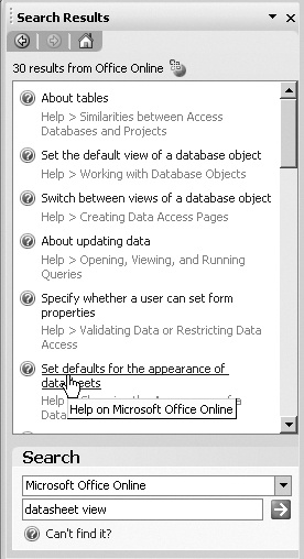 The four links at the bottom of the Microsoft Office Online panel in the middle of the Help task pane (Help → Microsoft Access Help) go directly to pages in Microsoft Office Online. You’ll learn how to use the Assistance, Training, and Communities features later in this appendix.
