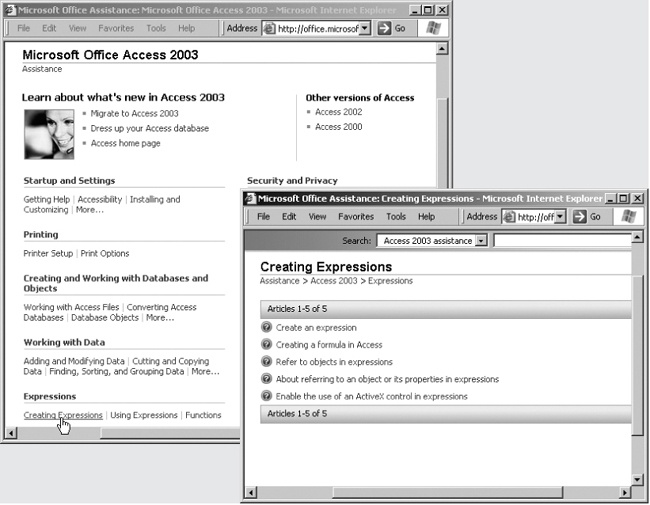 You can get to the Access 2003 Assistance page (left) using either of the methods listed on pages 298–299. Click any of these links to see a list of more specific links related to the topic (right).