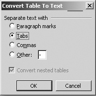 You’re choosing Tabs here because, as you set up a table like this in Word, you press the Tab key to move between fields. But you could also select Commas if you had all fields separated by a comma instead.