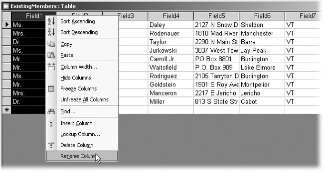 You can rename any field label at any time by right-clicking the field heading and choosing Rename Column. Also, you may want to adjust the field’s width so you don’t waste space. Right-click the field again, choose Column Width, and select Best Fit.