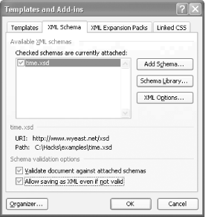 XML Schema tab of the Templates and Add-ins dialog box