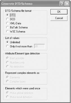 xmlspy’s Generate DTD/Schema dialog box with DTD selected
