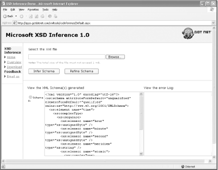 Results of inferring a schema with the XSD Inference tool in IE