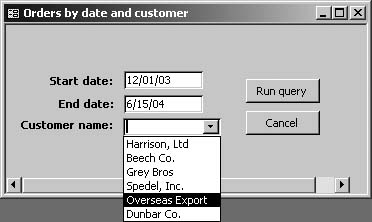 A simple unbound form lets you gather user input on which you can base the query criteria. It’s far friendlier than “Enter Parameter Value” boxes.