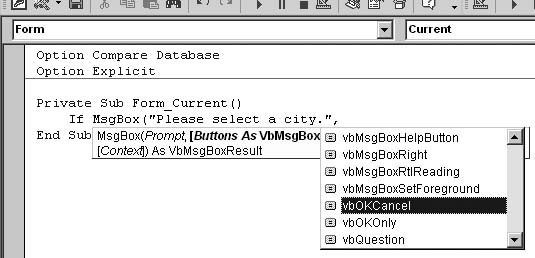 VB’s IntelliSense works as you type, supplying parameter lists for procedures and drop-down menus for named constants. It’s not a substitute for reading the docs, but it does save you the trouble of having to check them every time you want to use a procedure.