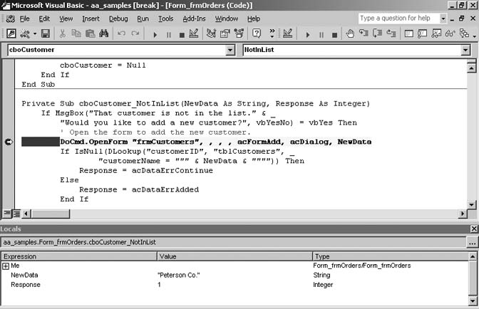 A breakpoint was set on the DoCmd.OpenForm line. When the code runs, it stops at the breakpoint and the VB Editor opens to that line. The Locals window shows local variables—in this case, the value of the NewData and Response arguments to the Not in List procedure.