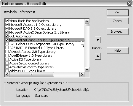 Setting a reference to the VBScript Regular Expressions library