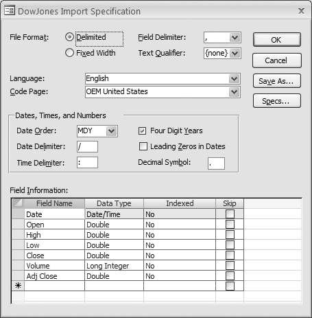 The Import Specification dialog box