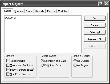 The Import Objects Wizard for an Access database file