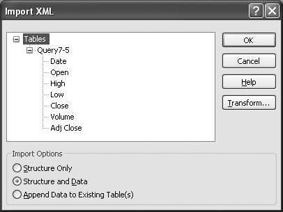 The Import XML dialog box