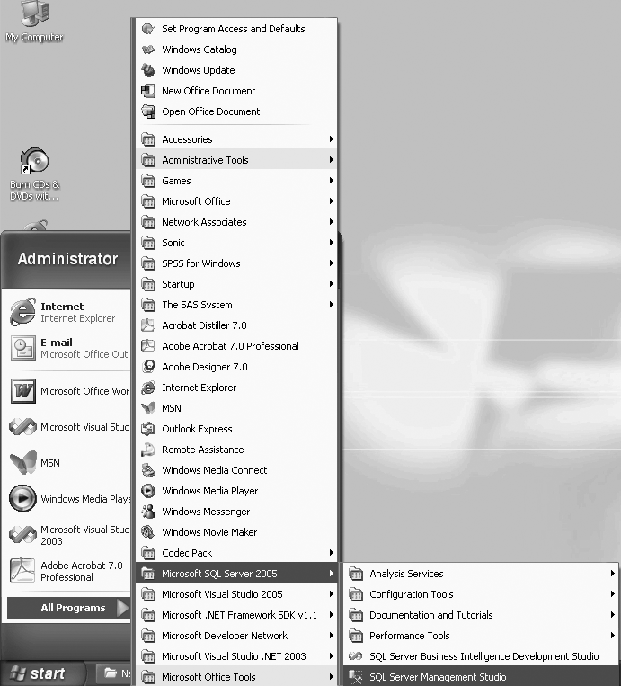 Opening Microsoft SQL Server 2005 and SQL Server Management Studio