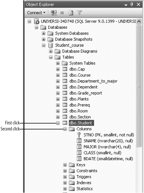 Viewing the table definition of the Student table