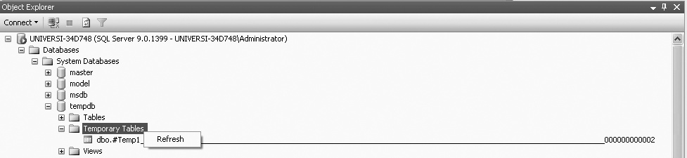 Viewing the global temporary table from the Object Explorer