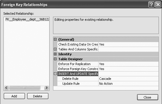 Viewing the ON DELETE CASCADE option