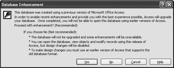 Access gives you a choice when you open a database file that was created in Access 97, 95, or 2.0. If you choose to convert the database (click Yes), Access copies the existing database into a new database file, in Access 2002-2003 format. You can then edit this copy normally. If you choose to open the database (click No), Access opens the original file without making a copy. You can still edit existing data and add new data, but you can’t change the database’s design.
