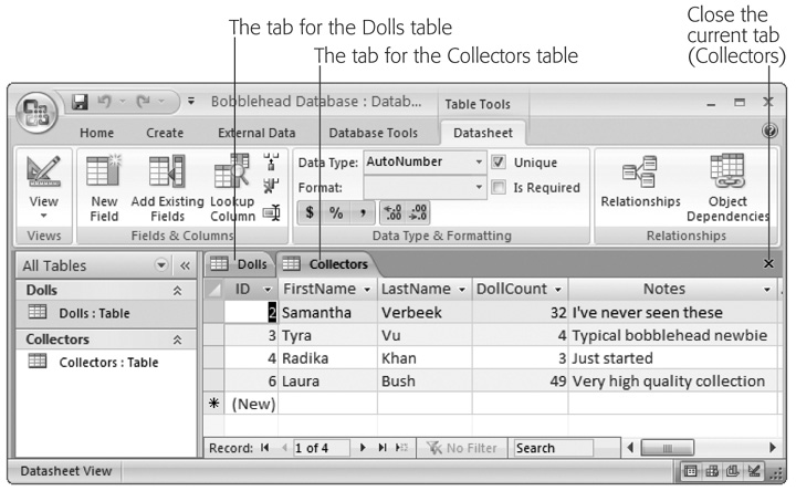 Using the navigation pane, you can open as many tables at once as you want. Access gives each datasheet a separate tabbed window. To move from one window to another, you just click the corresponding tab. If you’re feeling a bit crowded, just click the X at the far right of the tab strip to close the current datasheet.