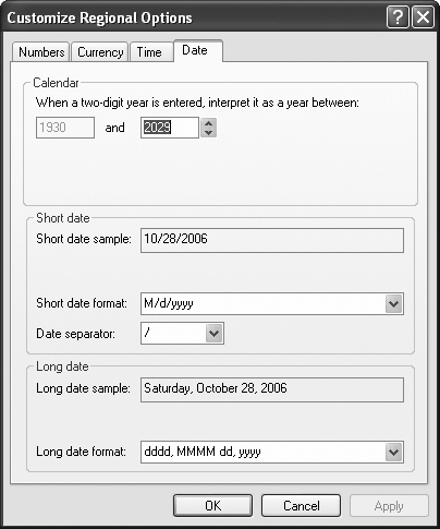 The Regional and Language Options dialog box lets you customize how dates appear on your computer. Use the drop-down lists to specify the date separator; order of month, day, and year components in a date; and how Access should interpret two-digit years. You can mix and match these settings freely, although you could wind up with a computer that’s completely counterintuitive to other people.