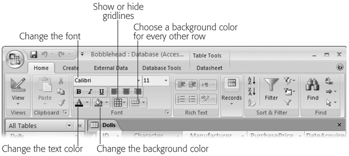 The Home → Font section lets you change the text font and colors in the entire datasheet. The most practical frill is the ability to turn off some or all of the gridlines and use alternating row colors to highlight every other row, as shown here.