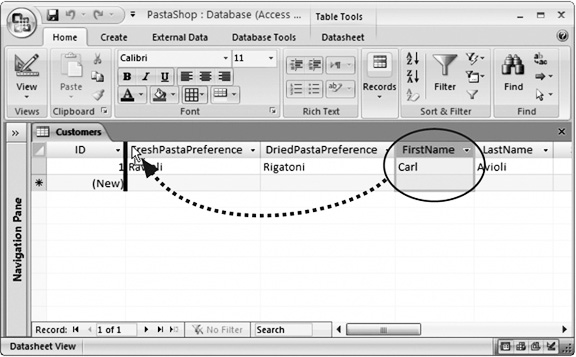 To move a column, click the column header once to select that column. Then, drag the column header to its new location. In this example, the FirstName field is about to be relocated that it’s just before the FreshPastaPreference field.